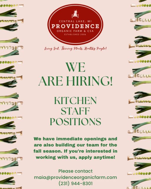We have open positions in the kitchen starting now through the fall! 

We are flexible with part or full time, and can work around your schedule. 

Our kitchen crew is made up of positive, hard-working, fun-loving individuals who have a passion for providing nutritious food to our community. We use produce & meats from our farm, and source organic ingredients ensuring the best quality & health for our customers. 

If you are interested in joining our team, please contact Maia, the kitchen manager. maia@providenceorganicfarm.com (231) 944-8301