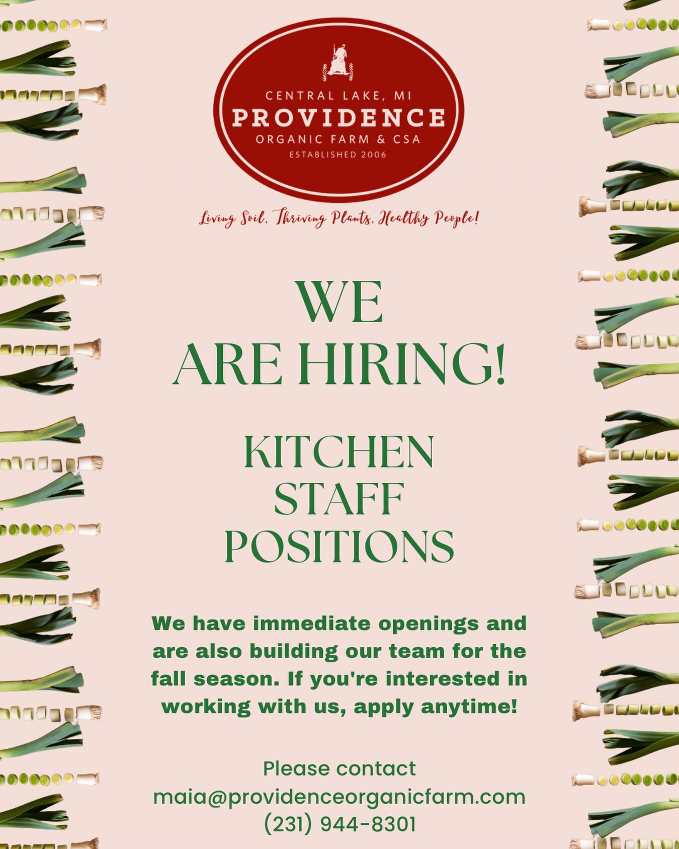 We have open positions in the kitchen starting now through the fall! 

We are flexible with part or full time, and can work around your schedule. 

Our kitchen crew is made up of positive, hard-working, fun-loving individuals who have a passion for providing nutritious food to our community. We use produce & meats from our farm, and source organic ingredients ensuring the best quality & health for our customers. 

If you are interested in joining our team, please contact Maia, the kitchen manager. maia@providenceorganicfarm.com (231) 944-8301