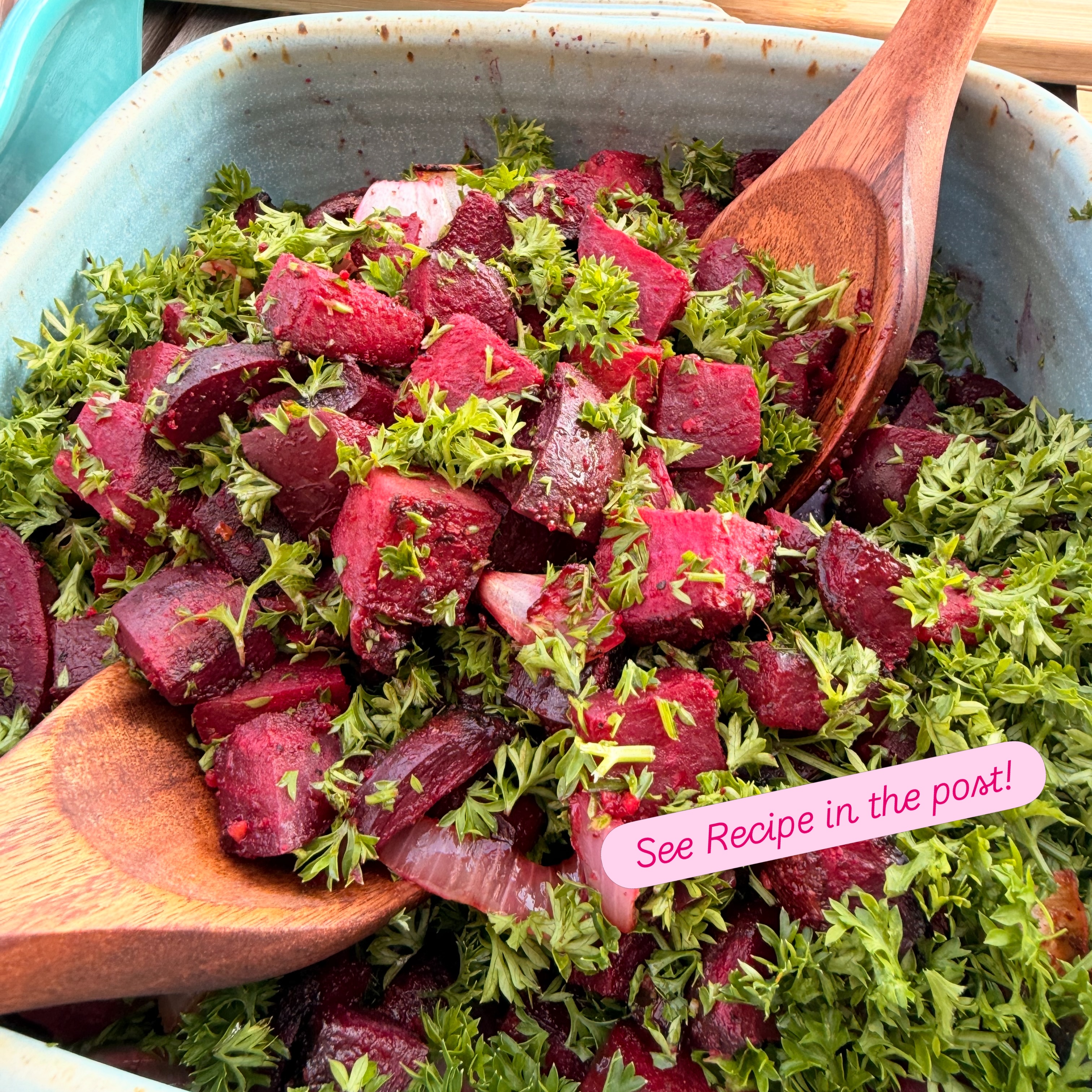 Recipe of the day?  I made this roasted beet salad for dinner.  So vibrant, good and easy! Bonus? It made for a delicious cold salad the next day too! - Andrea (Baking Dish in photo is by our potter, Barry Braun from Swallowtail Pottery, and you can find all of these ingredients at our farm market, open 8 to 6 every day but Sunday.) 

You’ll need: 
- 2 bunches heart-healthy beets 
- 1 Tb Fustini’s olive oil 
- 2 sweet white or yellow onions
- sea salt & fave seasonings
- fresh squeezed lemon juice (I used one very juicy lemon)
- one bunch parsley, chopped fine
- 1-2 garlic cloves, pressed - soft goat cheese

Instructions:
- Set oven to 425 F
- Grab 2 bunches beets, separate greens (store in plastic in fridge to sauté later)
- wash, dry, trim beet ends, then cut into similar bite-sized chunks
- Grab two white or yellow sweet onions, and chunk into eight pieces each. 
- Toss beets and onions w/ olive oil, sea salt, and your favorite seasonings (I used Himalayan pink sea salt & organic Berbere seasoning from Frontier) 
- Spread it all out evenly on a 11 x 15 roasting sheet. (parchment paper would be nice here to avoid a sticky mess.) 
- Roast until beets can be easily pierced with a fork
- Remove from oven, toss in fresh lemon juice, pressed fresh garlic, and minced parsley
- Serve w/ soft goat cheese! #torchlake #charlevoixmichigan #bellairemichigan #elkrapidsmichigan
