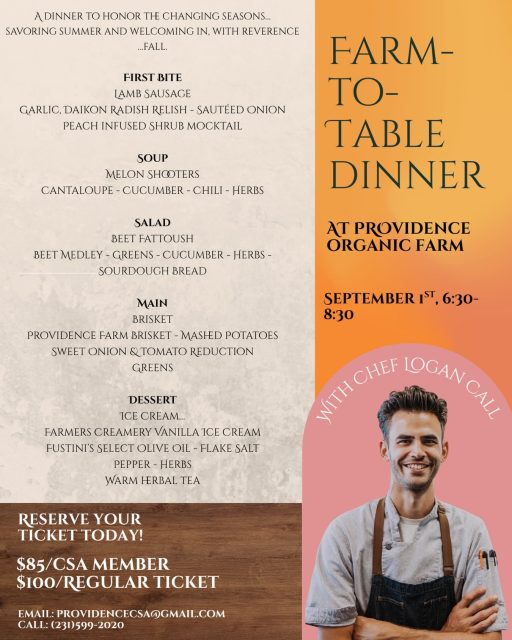 We are excited to host another farm to table with amazing chef Loghan call! 

Tickets go fast, so call (231)599-2020, or email Providencecsa@gmail.com to reserve your spot in this wonderful dining experience!